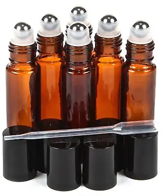 6 Pk Amber 10 Ml Glass Roll-on Bottles  Stainless Steel Roller + 1 Dropper • $6.89