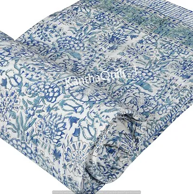 Indian Handmade King Size Cotton Kantha Quilt Hand Block Blanket Bedspread Throw • £32.50