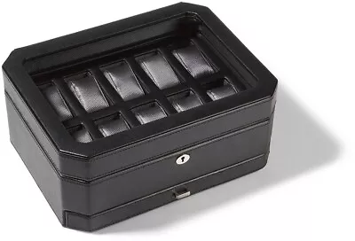 WOLF Black Windsor Vegan Leather 10 Piece Watch Box With Drawer - 4585029 • $326.34