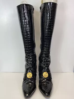 Rare Vtg Gianni Versace Black Patent Leather Gold Medusa Boots AW1994 34 4 • $398