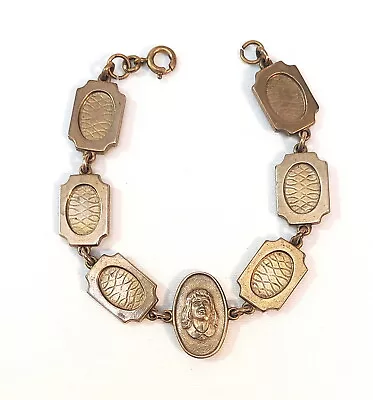 Vintage Brass-Tone Panel Link Bracelet With Girl’s Face Cameo In Center Panel • $11.95