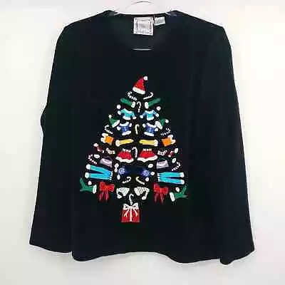 Michael Simon Womens Velvet Sweater Size Medium Christmas Tree Black Vintage • $37.47
