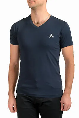 Philipp Plein Men's Navy Blue Short Sleeve Logo Print V-Neck T-Shirt • $59.99
