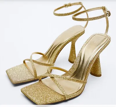 Zara Gold Glittery Heels Sandals Stilettos Ankle Wrap Sz. 8 (39) Nwot 2319/910 • $48