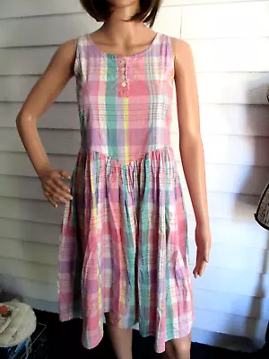 Vintage 80s Cottagecore Pastel Plaid Drop Waist Bow In The Back Dress Sz S • $14.92