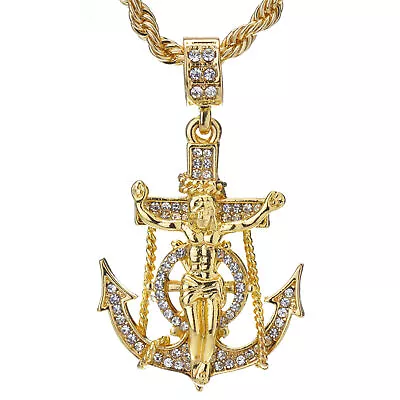 Gold Plated Cubic Zirconia JESUS ANCHOR Pendant & 18  Iced Cuban & Tennis Chain • $11.99