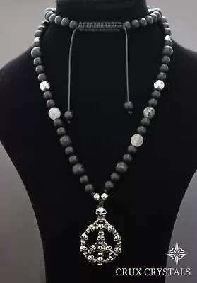 Men's Gift Black Onyx Peace Love Skulls  Pendant Gemstone Beaded Necklace Biker • $119