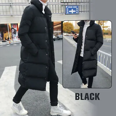 Mens Down Feel Quilted Long Jacket Padded Bubble Parka Coat Overcoat Black Warm • $49.93