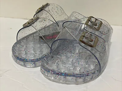 Womens Jelly Sandals Medium 8-9 Slip On Shoes Gray Two Strap Buckles Glitter • $5.95