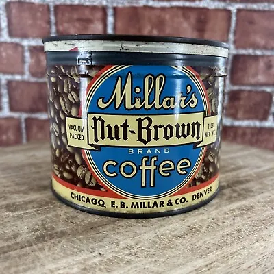 Vtg Millars Nut-Brown Coffee 1 Lb Coffee Can Tin Key Wind Advertising Rusty • $14.95