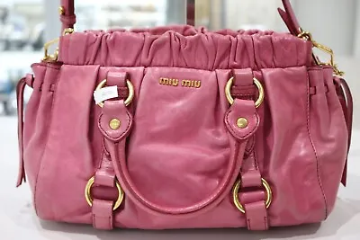 MIU MIU Leather Vitello Lux Gathered Tote Bag - Pink • $249.82