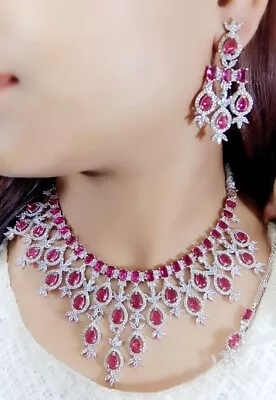 Indian Bollywood Silver Plated  AD CZ Choker Necklace Wedding Bridal Jewelry Set • $31.67