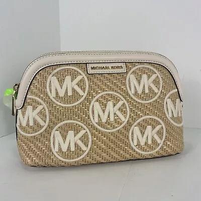 New Michael Kors Large Travel Cosmetic Bag Natural & White Leather M3 • $94.99