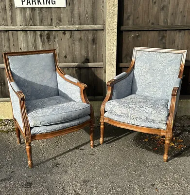 Pair Of Edwardian Library Armchairs Chair Blue Floral ‘Wedgewood’ Fabric • £495