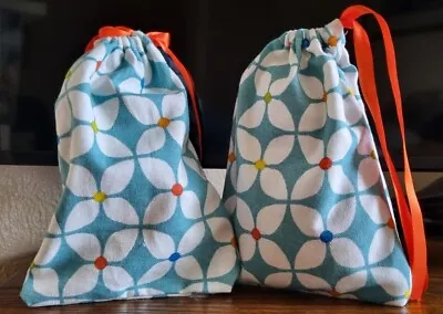 Handmade Fabric Gift Bags X 2 Teal Cream Orange Cotton Drawstring  • £2.40