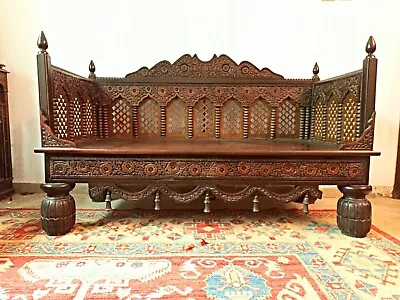 Hand Carved Wooden Day Bed Wooden Armchair Sofa Carving Mughal Style Seat • $3500