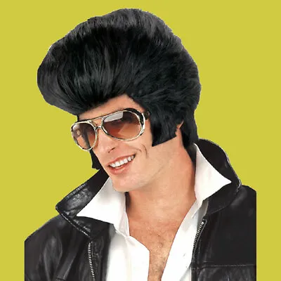 Mens Elvis Presley Costume Wig Rock N Roll W Sideburn Black Quiff 50s 60s Grease • $33.40