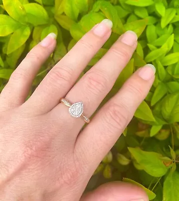 Solid 9ct (375) Yellow Gold Pear Shape Halo Diamond Cluster Ring RRP $599 Prouds • $249