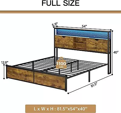 Metal Full/Queen/King Platform Bed Frame With LED Lights Headboard Vintage Brown • $209.99