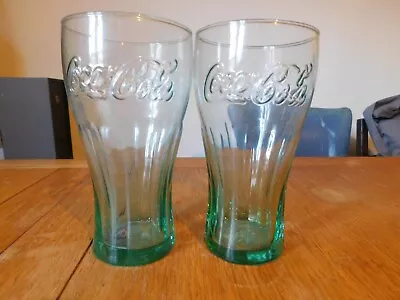 Pair Coca Cola Coke Tall Pint Glass Green Tint Embossed Logo Design • £12