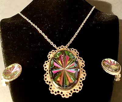 WATERMELON GLASS Vintage BIG Filagree Necklace/Earrings Demi Set 1960s Free Ship • $45