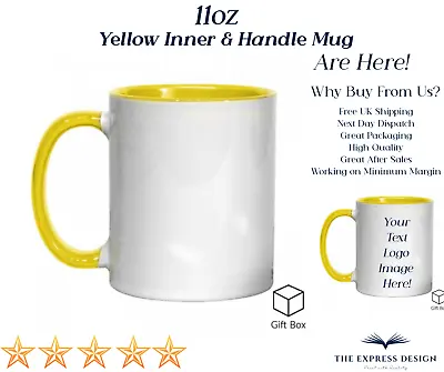Personalised Mug 11oz Yellow Inner & Handle Perfect Customised Gift • £9.99