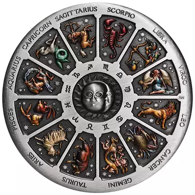 2021 $5 Signs Of The Zodiac 5oz Silver Antiqued Coloured Coin #33 • $1199.99