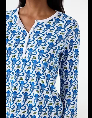 Roller Rabbit Womens Size M Blue Pima Cotton Monkey Print Pajama Top Henley • $27