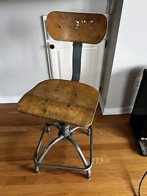 Vtg Industrial METAL Drafting Stool Chair Art Deco Modern Wooden Swivel Bevco • $169.99