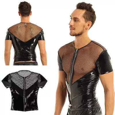 Men's Patent Leather Fishnet Splice Short Sleeve T-Shirt Zipper Muscle Tank Top • £6.43