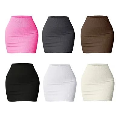 Women S Basic Ribbed Knit Stretchy Short Mini Pencil Bodycon Skirt Streetwear • £8.47