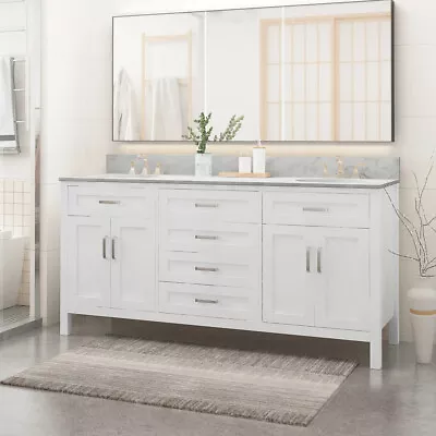 73''Bathroom Vanity With Marble Top & Double Ceramic Sinks&4 Doors And 4 Drawers • $1349.49