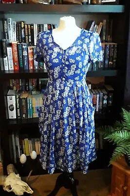 Vintage Cottage Core Royal Blue & White Floral Midi Chiffon Tea Dress 10-12 • £6.99