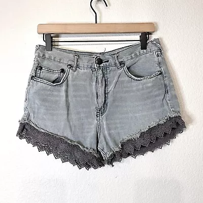 Free People Women's 28 Lace Trim Cutoff Denim Jean Shorts Mid Rise Grey Wash • £19.29