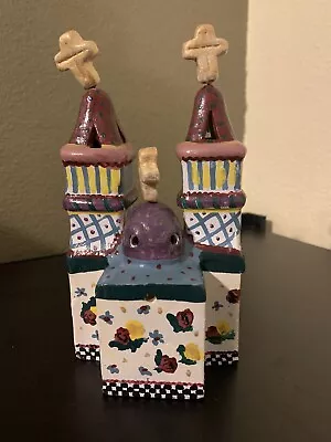 Mexican Folk Art Terra Cotta Pottery Church Hand Painted Signed • $120