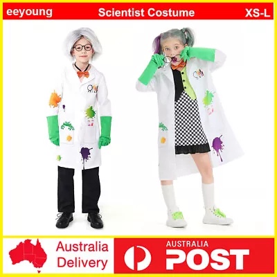 Child Mad Scientist Costume Kids Lab Rat Science Crazy Kids Book Week Set+wig • $19.42