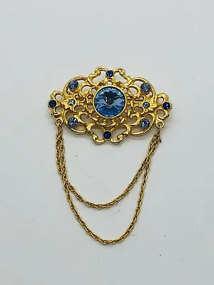 Retro Style Goldtone Filigree Chain Blue Rhinestone Brooch • $8