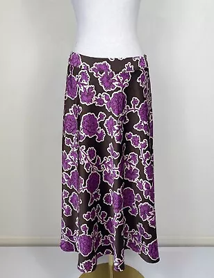 BASQUE Petites Brown Pink Floral Print Satin Feel A-line Midi Skirt Size 12 • $29.95