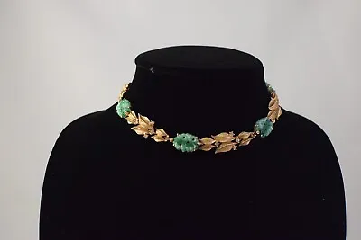 Vtg Ciner Molded Peking Glass Jade Green Brush Gold Leaf Rhinestone Necklace • $289.99