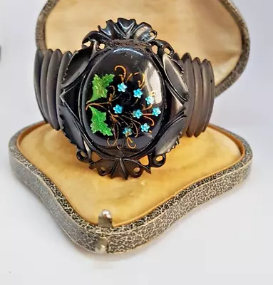 Antique Victorian whitby Jet Cameo Of Enamel Flowers On Jet Side Beads Bracelet • £175