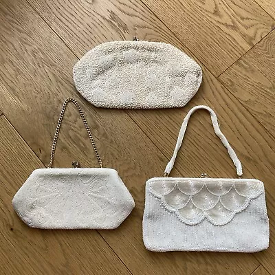 Lot Of 3 Vintage White Beaded Clutches Purses Evening Bags • $40