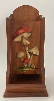 Vintage 70s Hand Painted Mushroom Wooden Match Holder Wall Hanging Decor Signed • $15.90