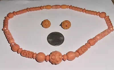 Antique Vintage Carved Coral Celluloid Lucite Bead Necklace & Screwback Earrings • $69.99