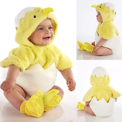 Infant Boys Girls Cosplay Chicken Animal Costume Winter Fleece Hooded Romper • £12.59