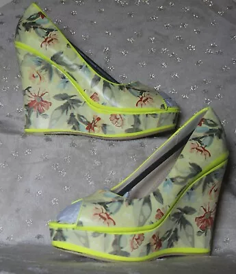 BNIB Yellow Floral Peep-toe Platform Wedge Heel Sandal Shoe 50s Pinup UK 4 EU 37 • £12