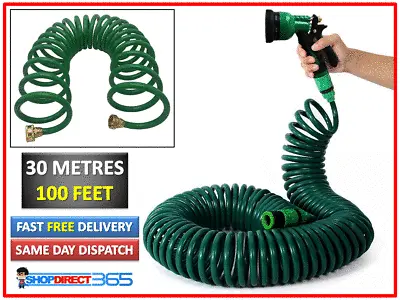 100FT 30M Metre Retractable Coil Garden Hose Pipe + Water Spray Gun Nozzle #0842 • £19.95