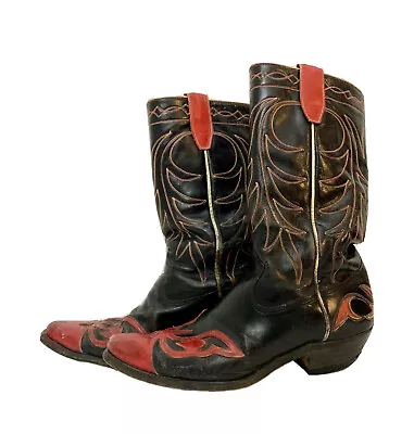Vintage ACME Black Red Flame Leather Cowboy Boots Inlay Mens 8D Western * W 9D • $1899.95