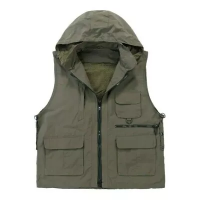 £40.79 • Buy Men Waistcoat Sleeveless Jacket Hooded Vest Multi Pocket Coat Photo Gilet Casual