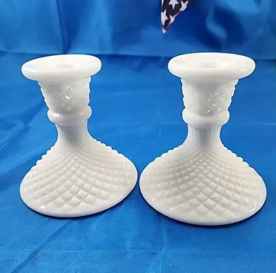 Westmoreland Hobnail Candlesticks Pair Milk Glass 4  Tall Vintage • $22.21