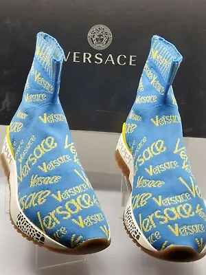 Versace Women’s Hercules Vintage Logomania Blue And Yellow Sock Sneaker; Size 40 • $575